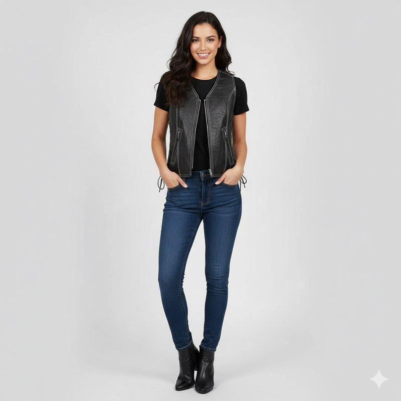 Women's black leather vest with a central zipper, V-neckline, and white contrast stitching detail.