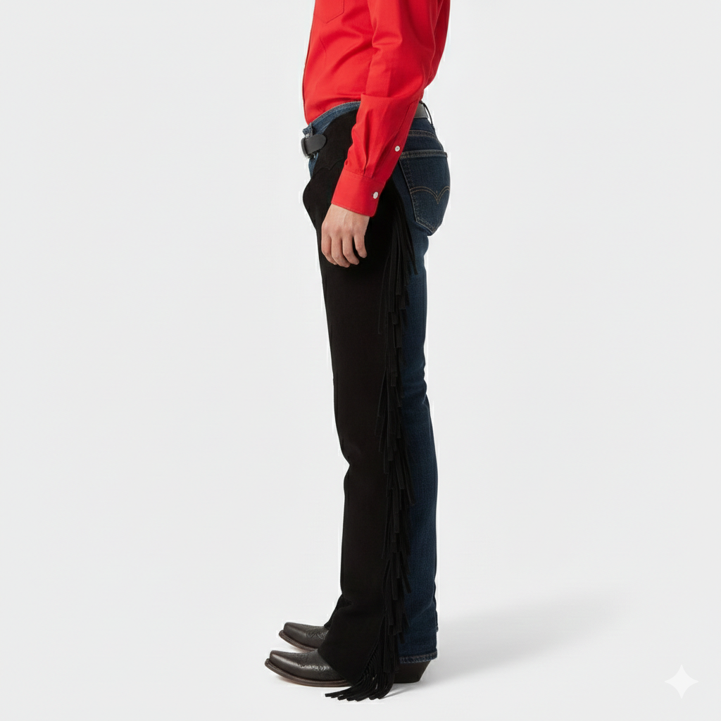 Detail of full-length side fringe on black suede biker overpants for men.