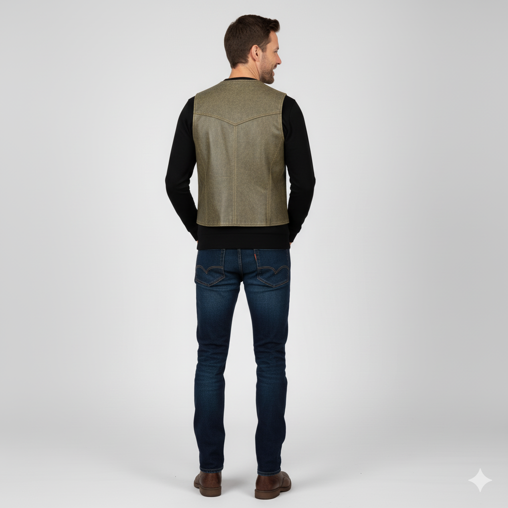 Stylish leather waistcoat in a unique sage green color with a tailored fit and Western-style seams.