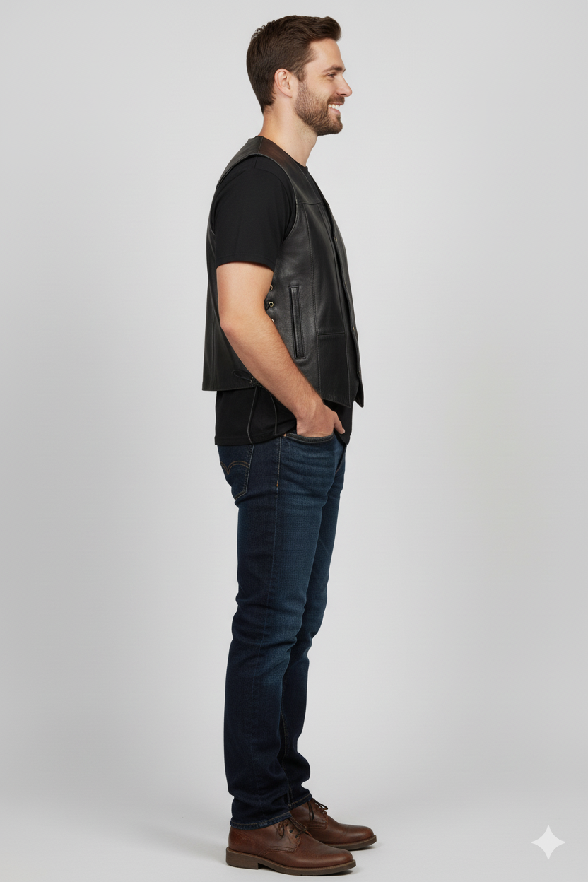 Sleeveless black leather motorcycle cut-off vest with multiple zippered pockets and shoulder epaulets.