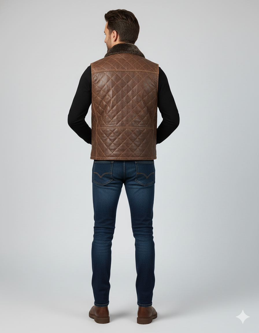 Brown leather trucker vest with two chest pockets, side pockets, and a warm, plush faux fur collar.