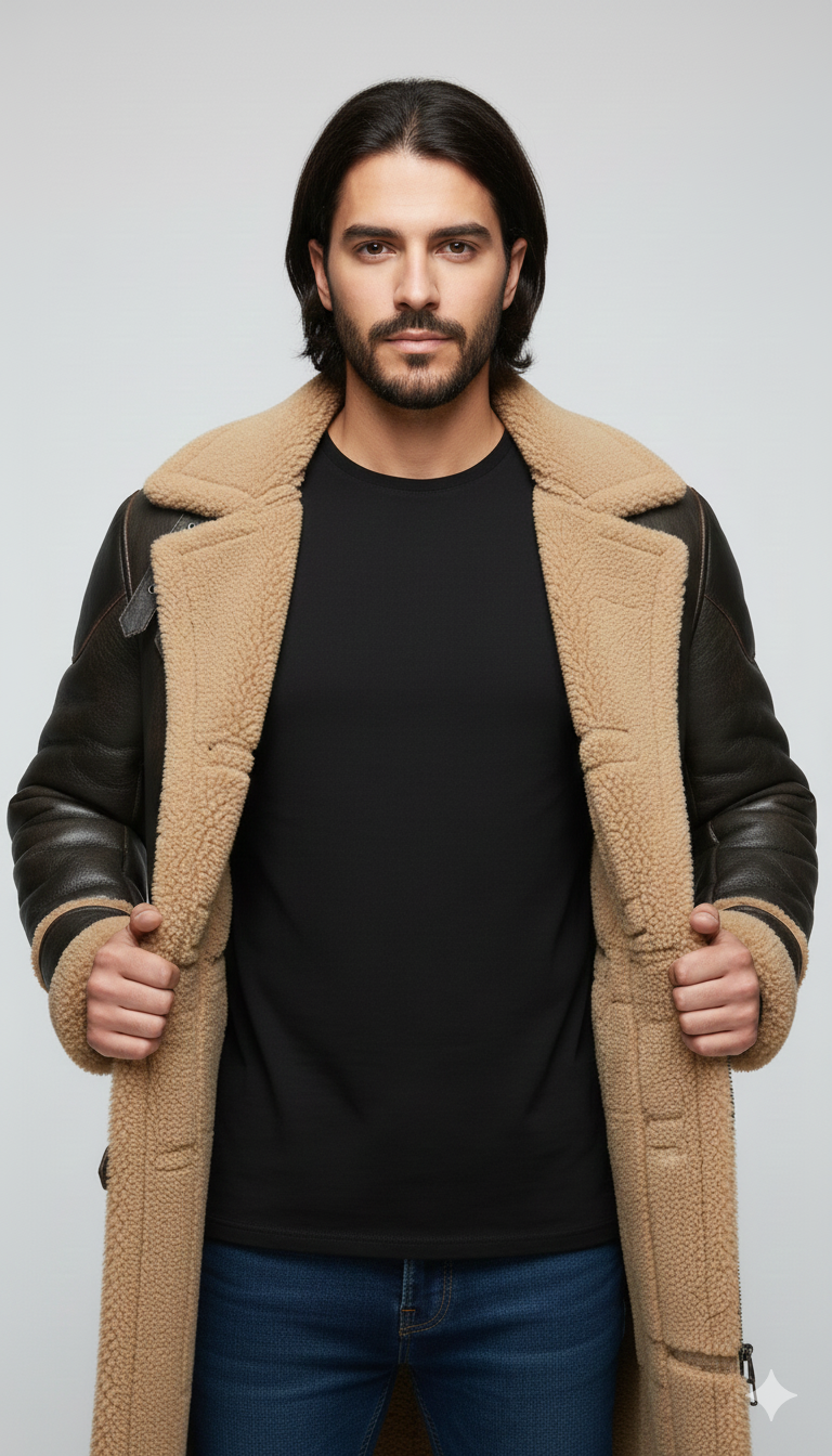 Ankle-length dark brown shearling-lined overcoat for men featuring plush tan fur trim and a zip closure.