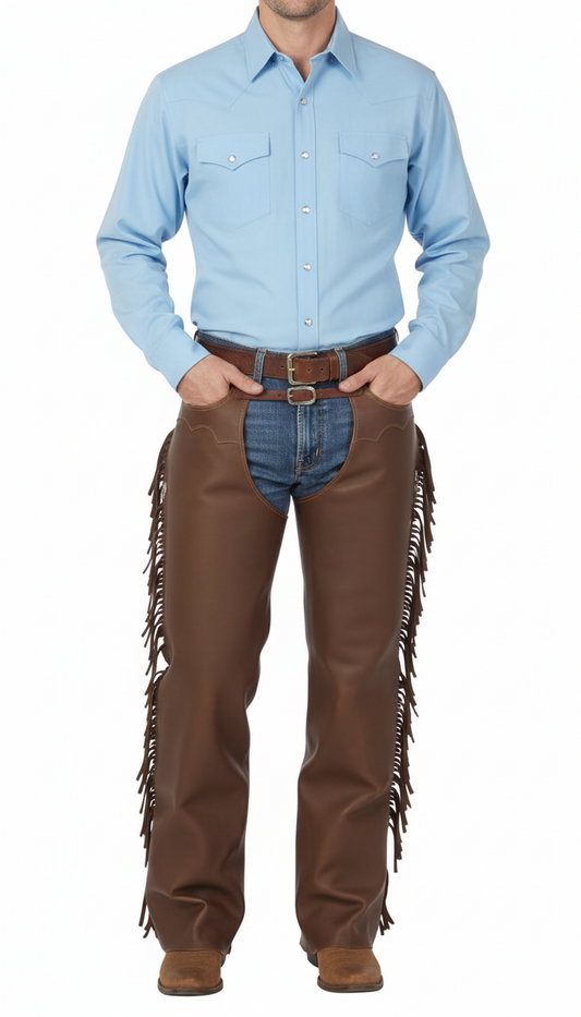 Men's bourbon brown smooth leather performance riding chaps with side zippers and an adjustable buckled belt.