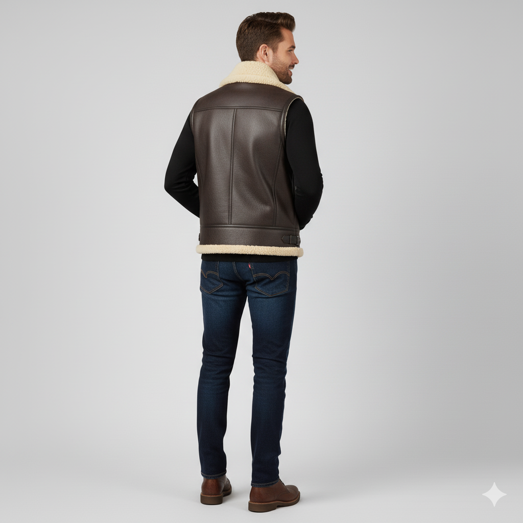 Men's smooth dark brown leather waistcoat with V-neck, snap buttons, and tailored fit.