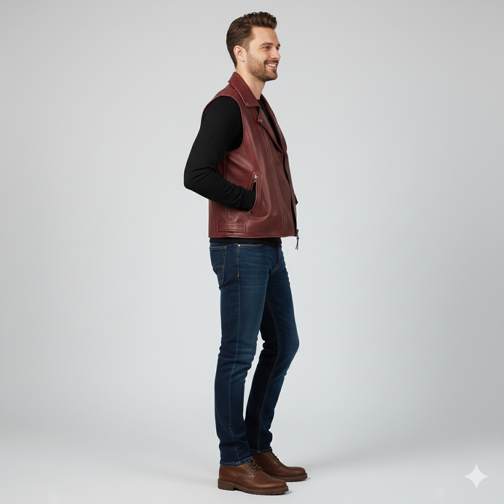 Men's distressed brown leather vest with double-breasted military-style button front and stand collar.