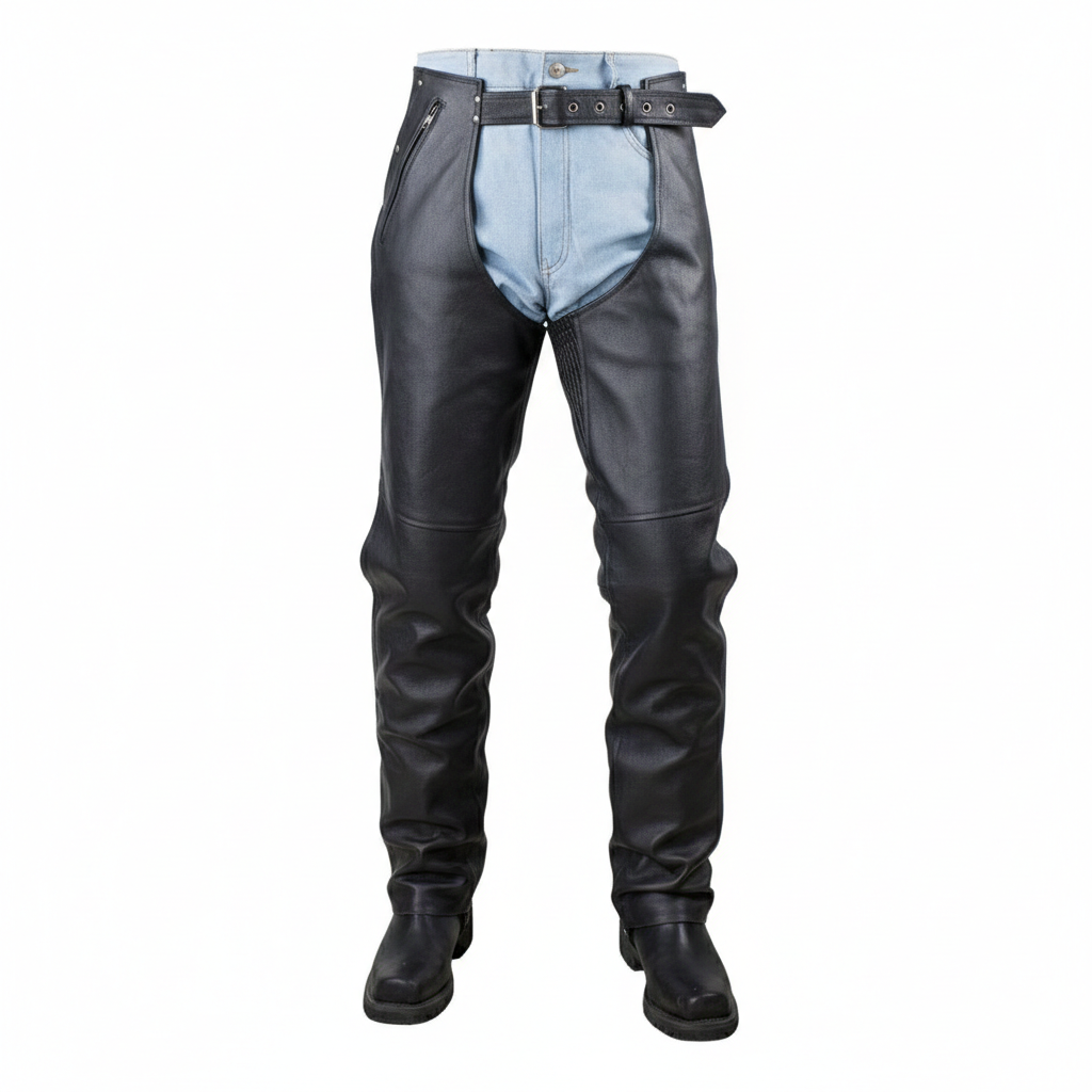 Men's onyx black leather tactical performance chaps with articulated knees and side hip zipper.