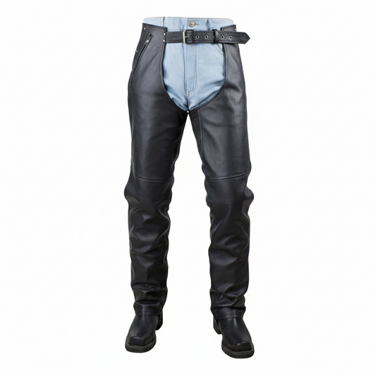 Men's onyx black leather tactical performance chaps with articulated knees and side hip zipper.