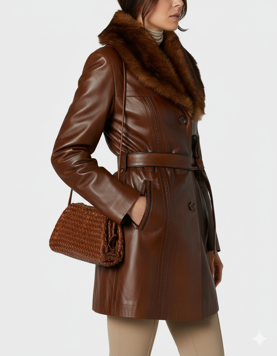 Close-up of a tan leather-look jacket for women featuring decorative vertical stitching and tonal buttons.