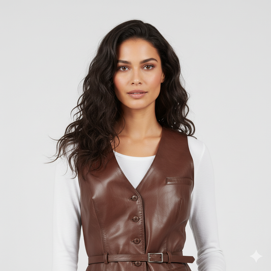Women's tailored brown leather waistcoat vest with a V-neck, button-front closure, and an adjustable integrated belt.