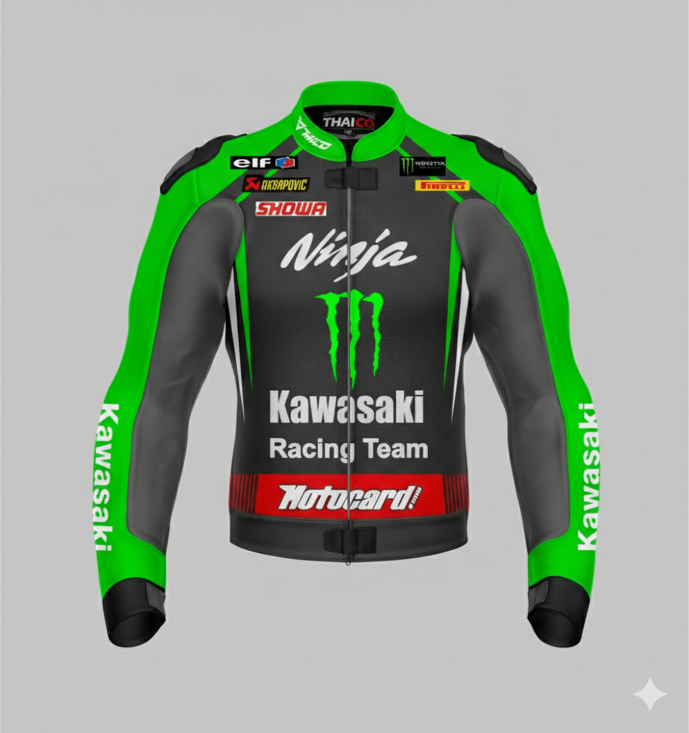 Kawasaki black and green leather motorcycle racing jacket with Monster Energy branding and integrated armor.