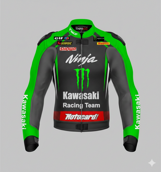 Kawasaki black and green leather motorcycle racing jacket with Monster Energy branding and integrated armor.