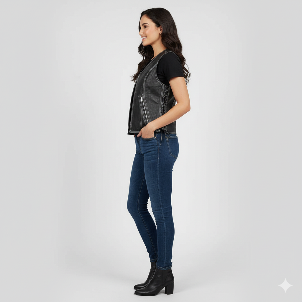 Sleek black V-neck vest featuring a central zip and decorative adjustable lacing on the side seams.