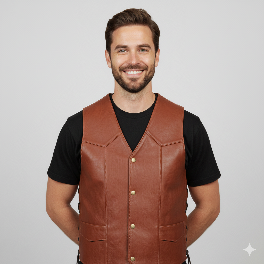 Full body shot of a man wearing a brown leather shearling vest over a black t-shirt and blue jeans.