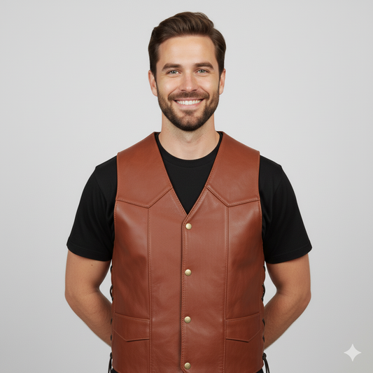 Full body shot of a man wearing a brown leather shearling vest over a black t-shirt and blue jeans.