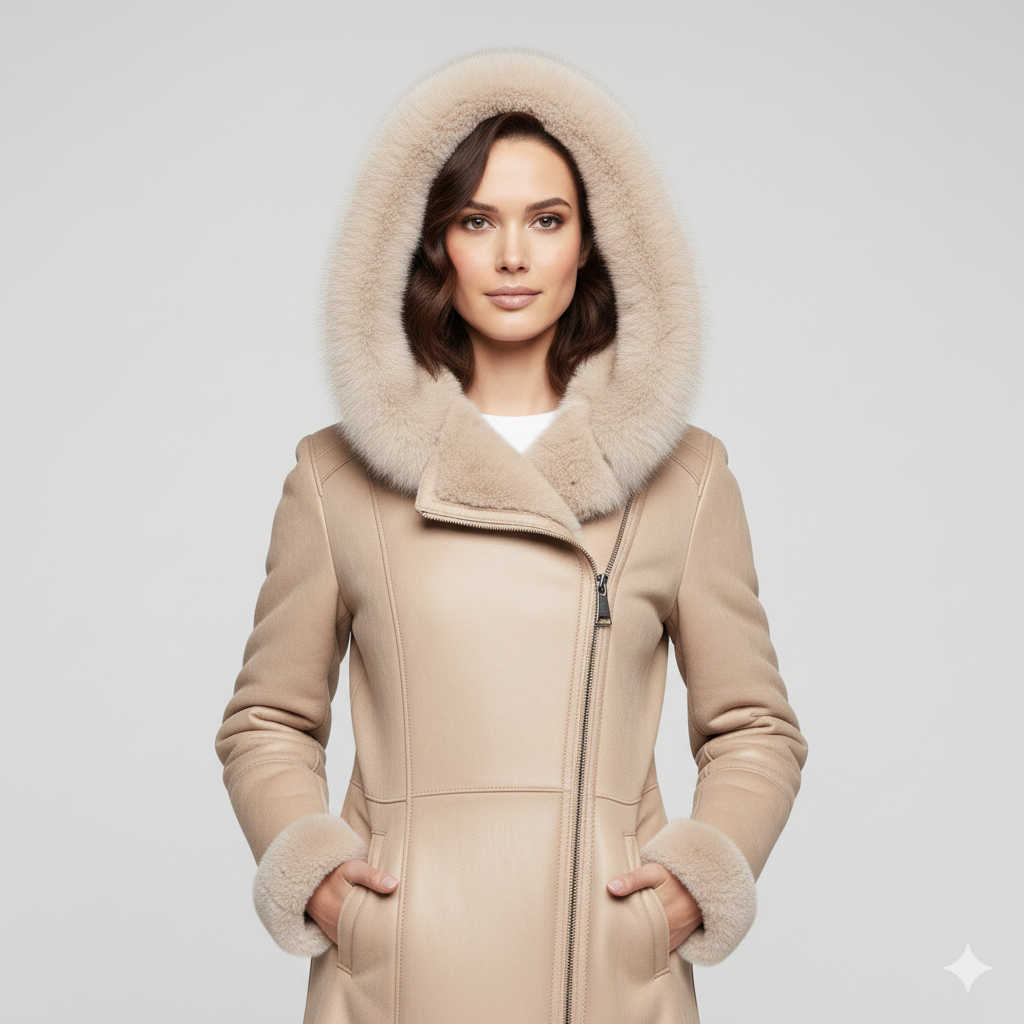 Mid-length ivory moto jacket for women featuring a plush fur hood, cream shearling cuffs, and asymmetrical zip.