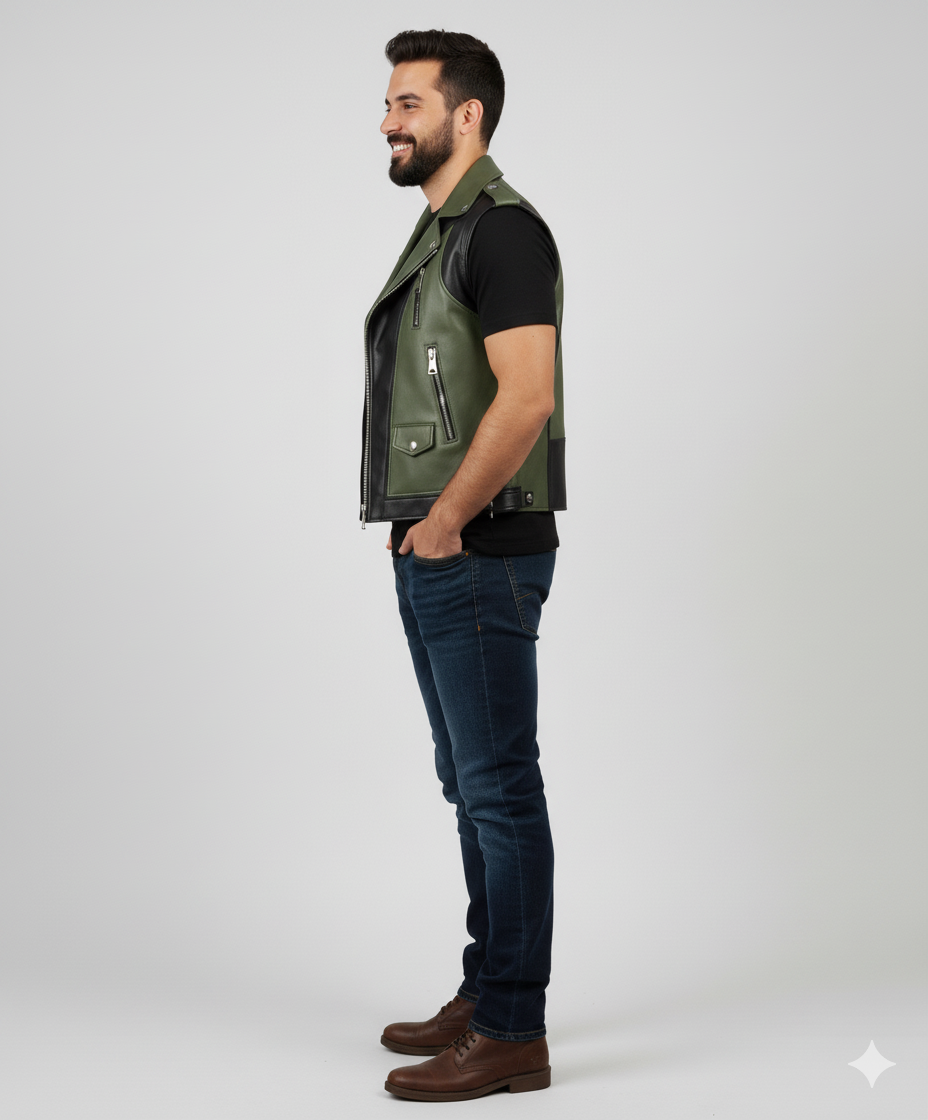 Close-up showing the smooth texture of the olive green and black leather panels and the large asymmetrical zipper.