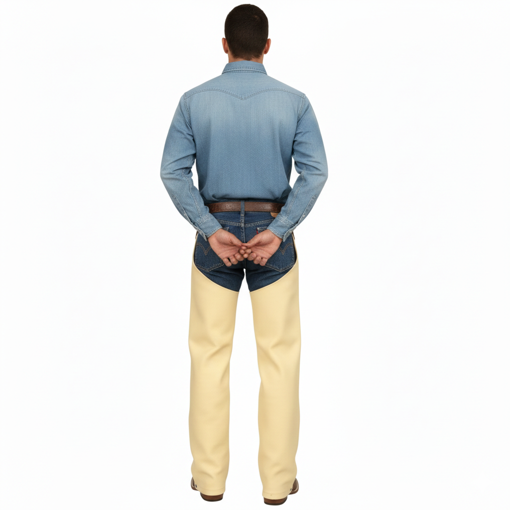 Male model wearing light beige leather protective chaps over a denim shirt and dark jeans for a modern western look.