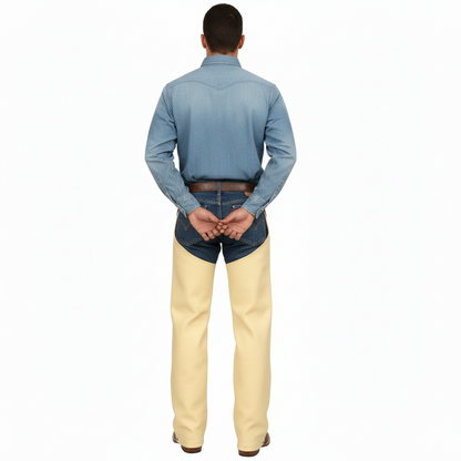 Male model wearing light beige leather protective chaps over a denim shirt and dark jeans for a modern western look.