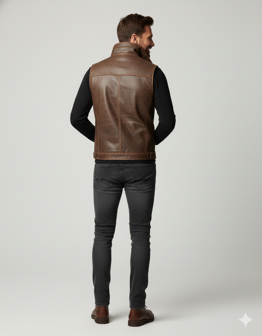 Classic B-3 bomber style vest featuring zippered chest pockets and warm tan shearling collar and hem.
