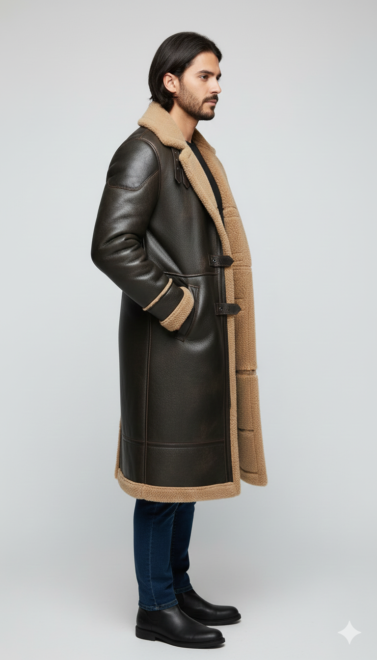 Male model wearing a luxury espresso leather duster coat