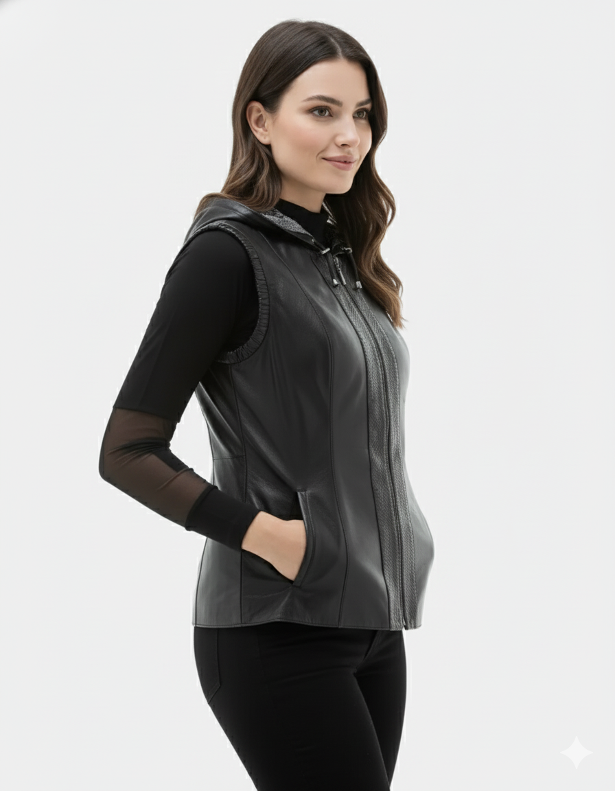 Woman wearing a fitted black leather-look vest with a hood over a black turtleneck and black pants.