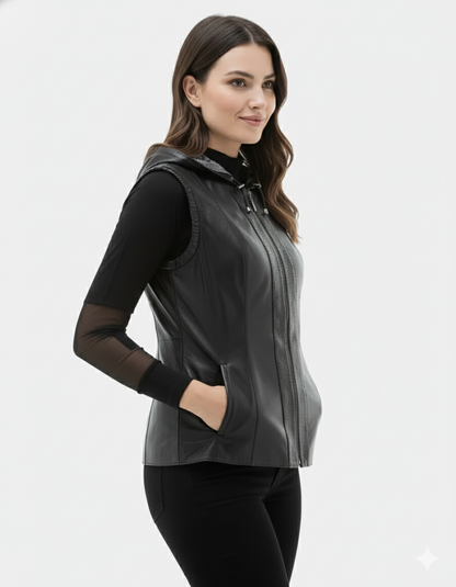 Woman wearing a fitted black leather-look vest with a hood over a black turtleneck and black pants.