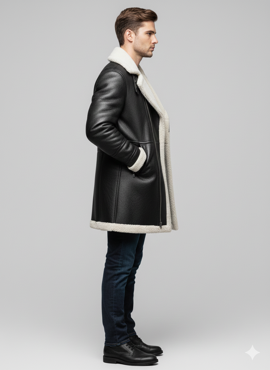 Model wearing a luxury black leather shearling duster coat