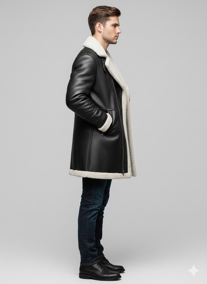 Model wearing a luxury black leather shearling duster coat