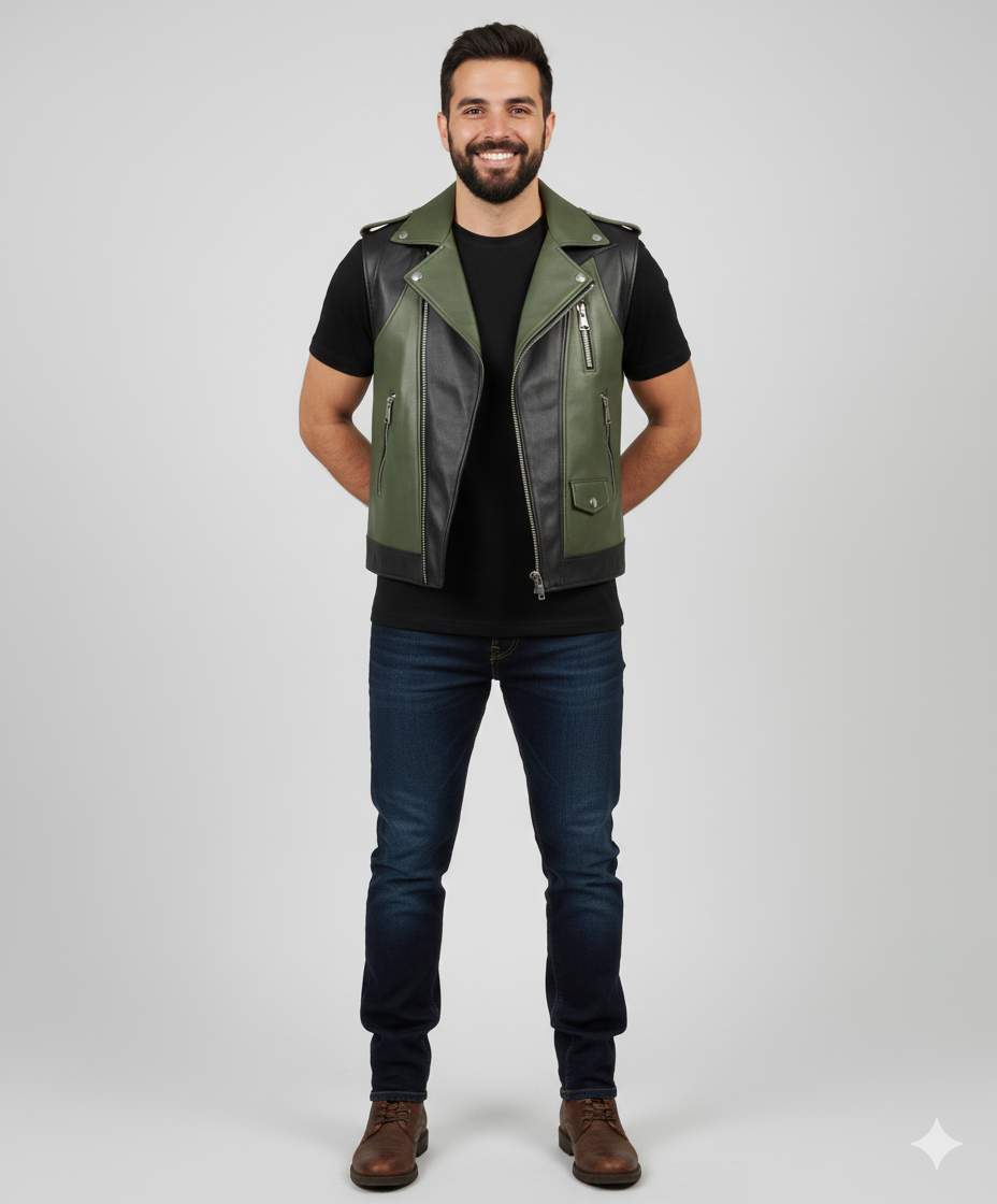 Men's two-tone leather biker vest in olive green and black with an asymmetrical zipper and wide lapel collar.