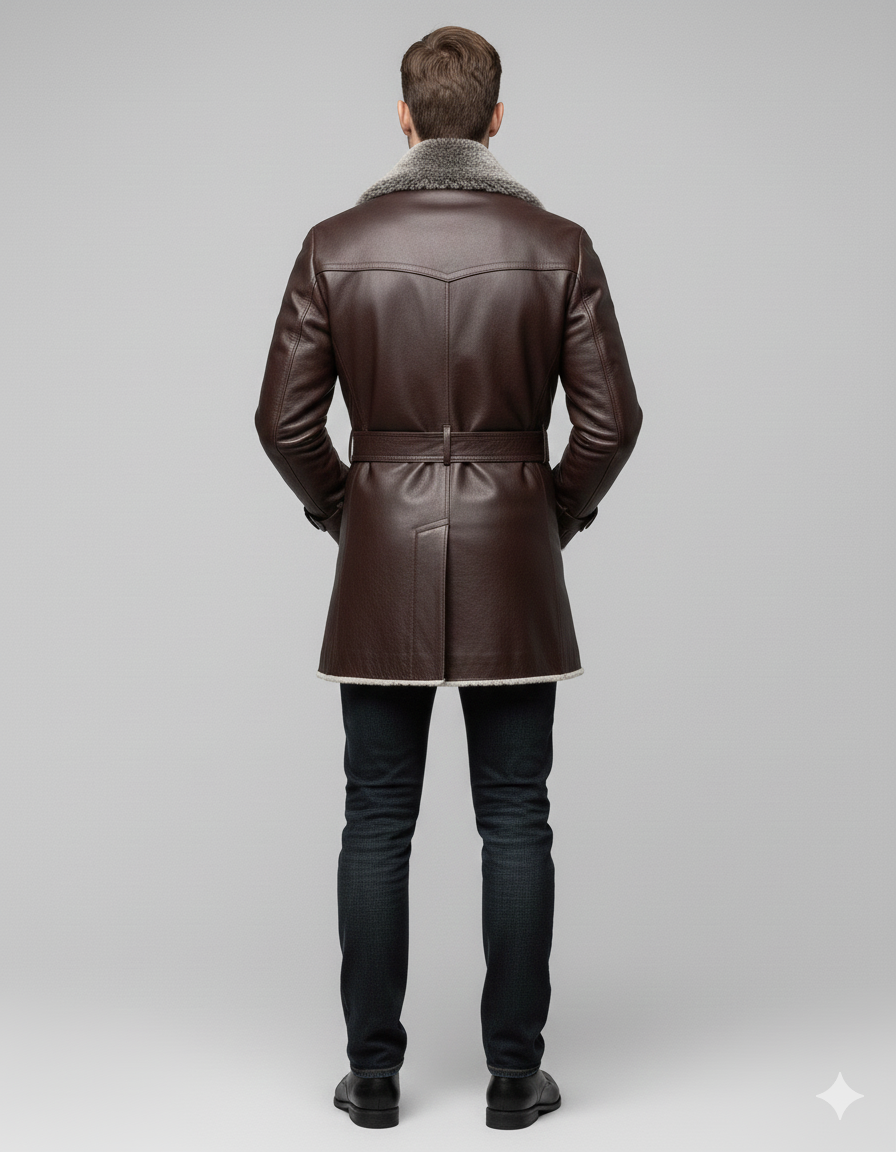 Close-up of the metallic belt buckle and reinforced eyelets on a premium men's long brown leather trench.