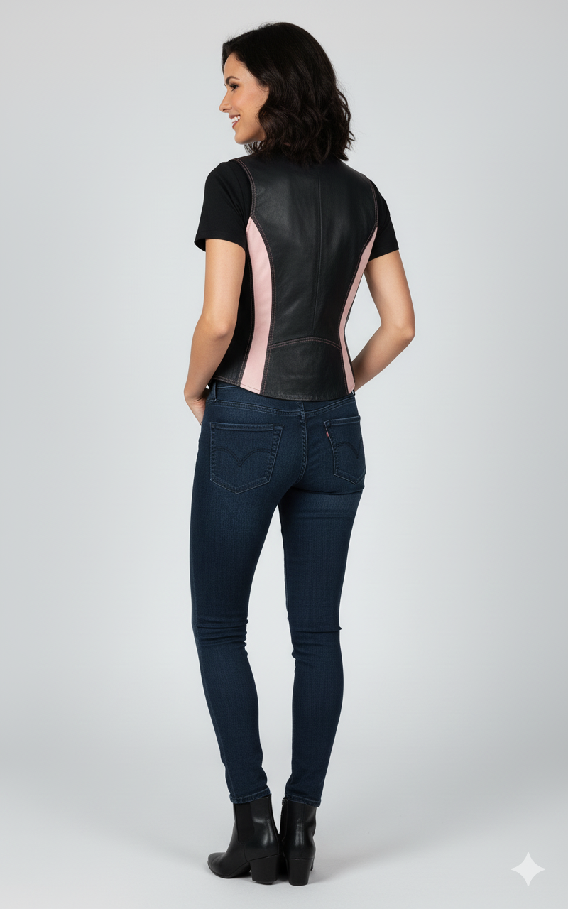 Sleek black vest with pink trim, worn as a layer over a t-shirt for a casual biker-inspired look.