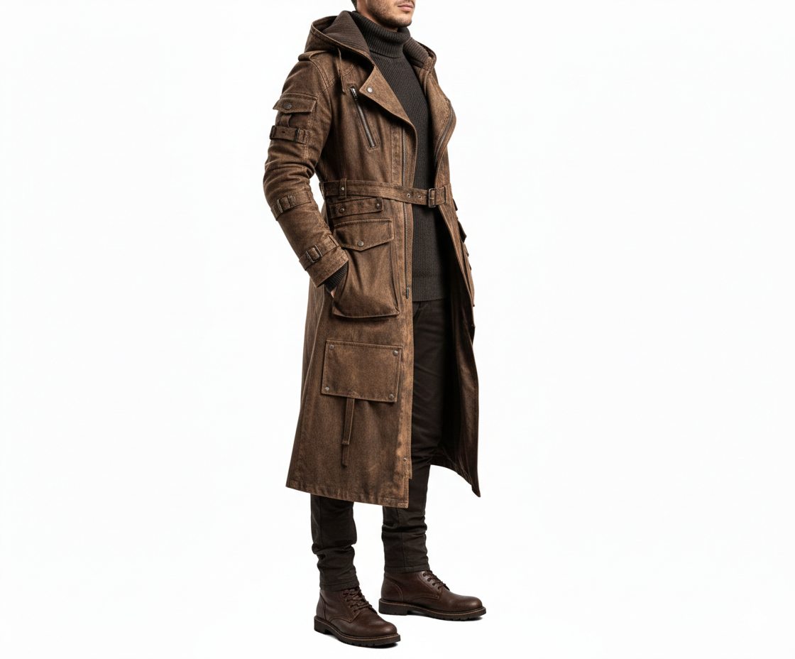 Male model wearing a rugged bourbon tactical overcoat 