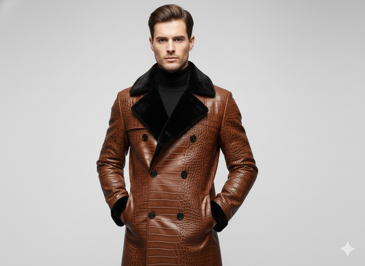 Double-breasted brown leather winter overcoat for men featuring a textured crocodile skin pattern and fur-lined lapels.