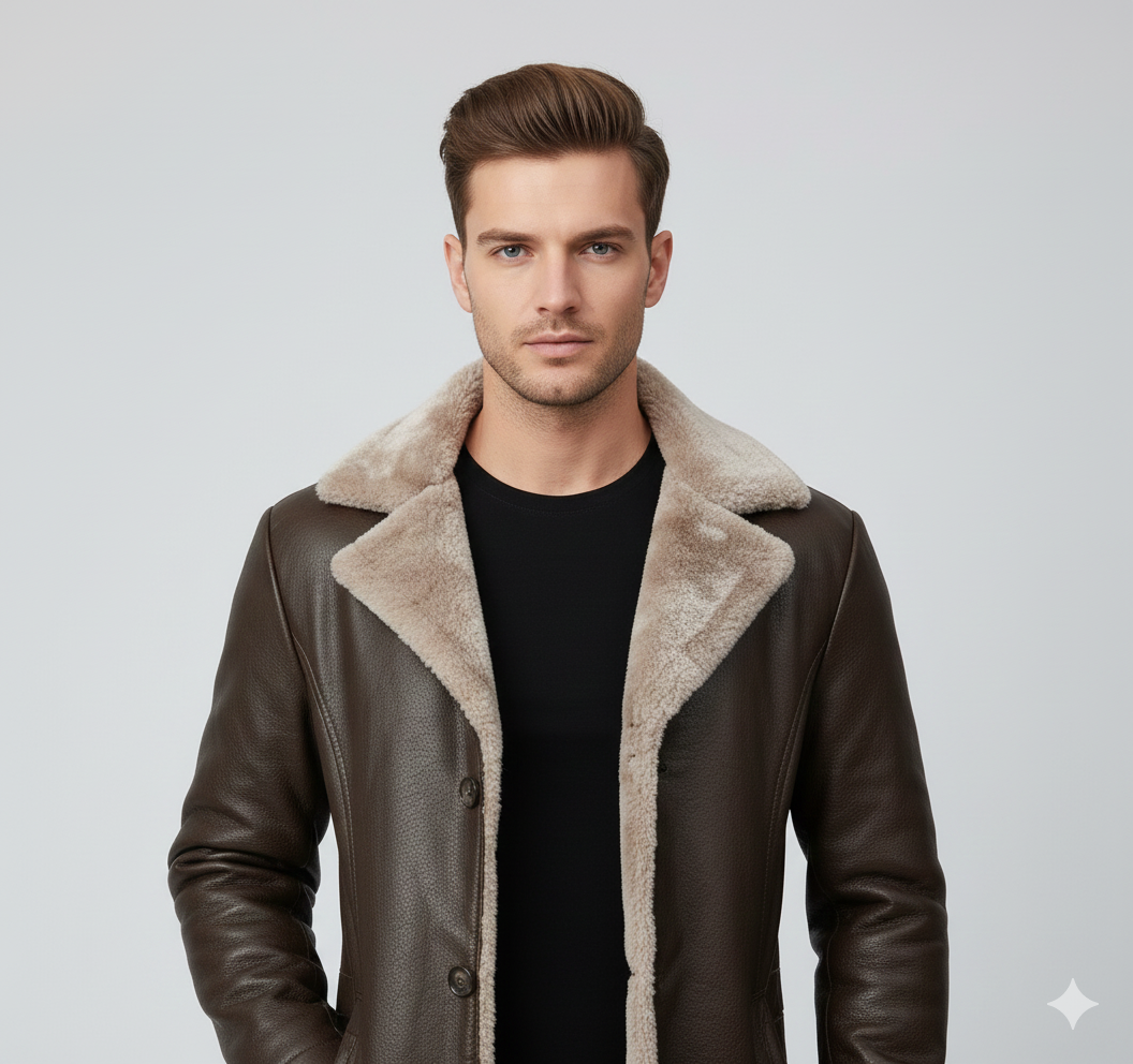 Longline mahogany winter overcoat for men featuring a belted waist and plush cream fur collar and cuffs.