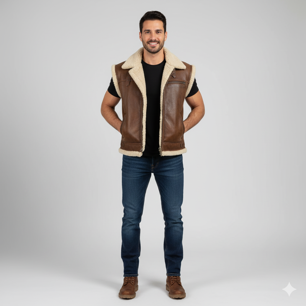 Men's Brown Leather Aviator Vest with thick cream-colored shearling lining and collar.
