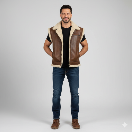 Men's Brown Leather Aviator Vest with thick cream-colored shearling lining and collar.
