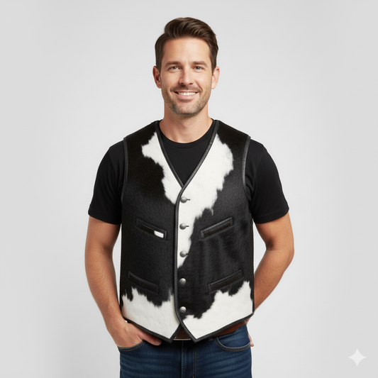 Men's black leather biker vest with snap buttons, V-neck, and adjustable leather lacing on the sides.