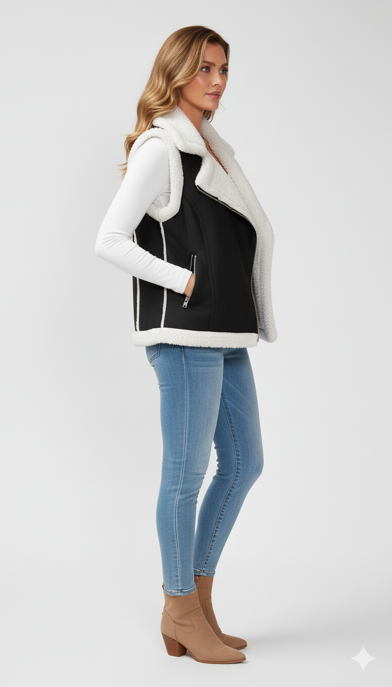 "Cozy black moto vest with wide shearling-trimmed lapels and silver hardware, styled for cool weather.