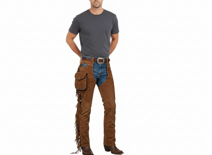 Male model wearing rugged tan suede protective chaps over blue jeans with a large western trophy buckle.