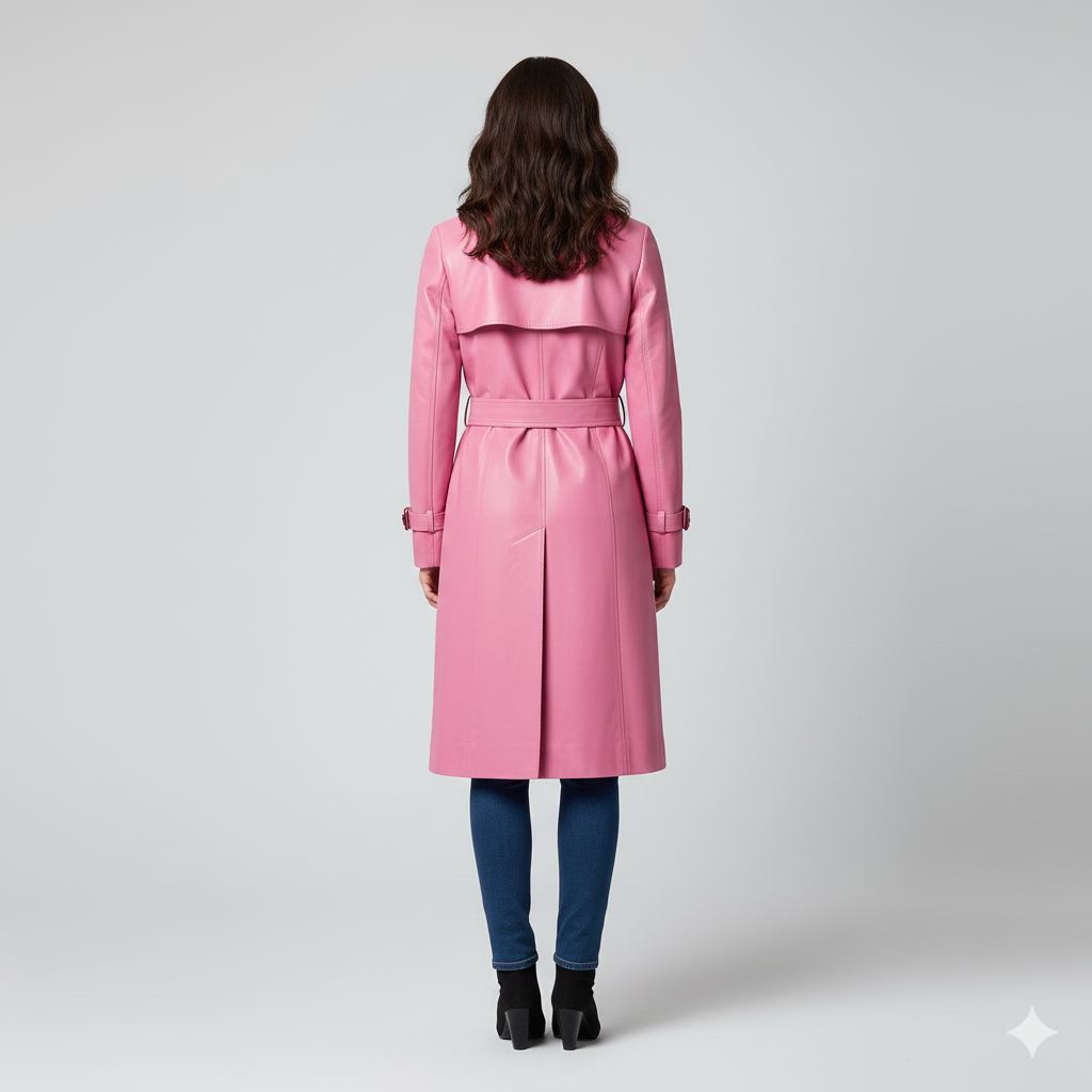 Close-up of the smooth pink leather texture and striking black buttons on a luxury women's longline coat.