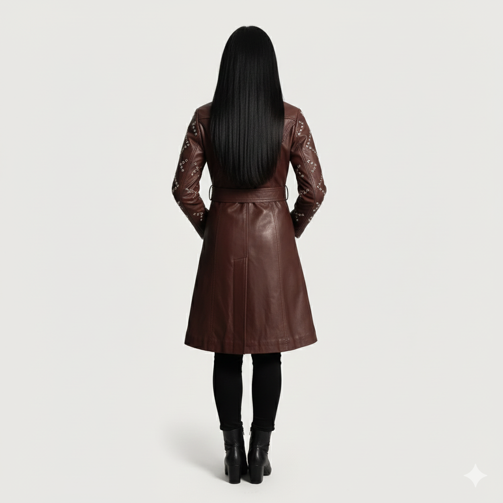 Close-up of the silver metallic studs and rectangular belt buckle on a premium women's mahogany leather coat.