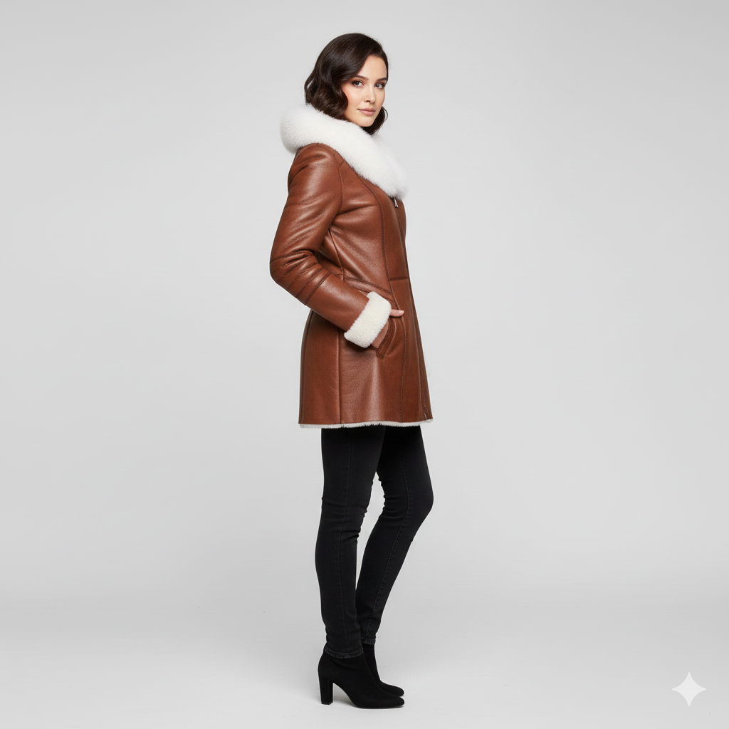 Model wearing a sophisticated brown hooded winter coat
