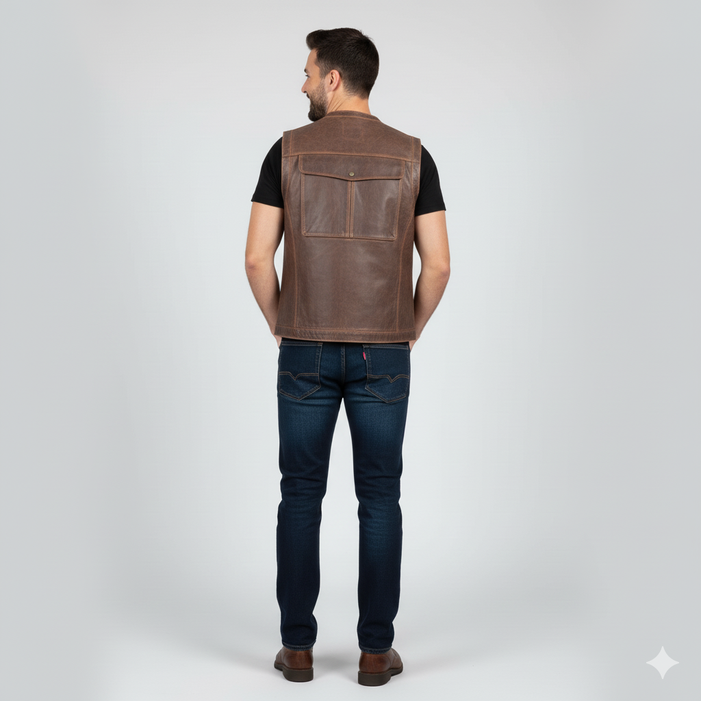 Rugged, tactical-style leather vest in distressed brown featuring four patch pockets and a full-zip front.