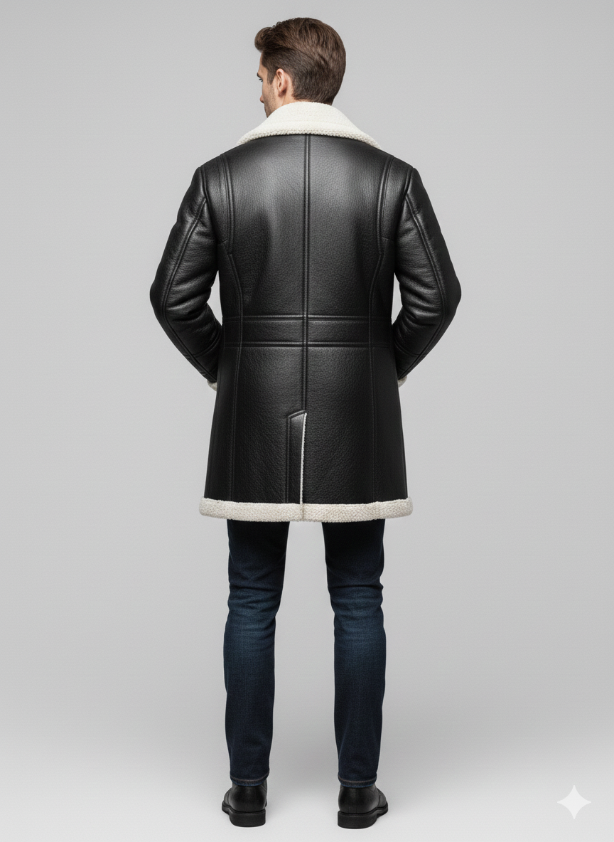 Close-up of the textured black leather and plush cream shearling interior on a premium men's winter overcoat.