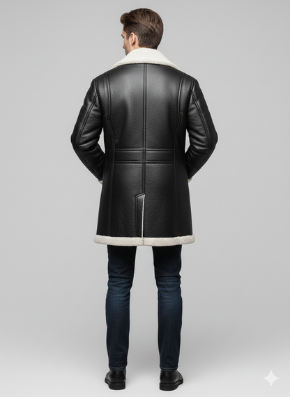 Close-up of the textured black leather and plush cream shearling interior on a premium men's winter overcoat.