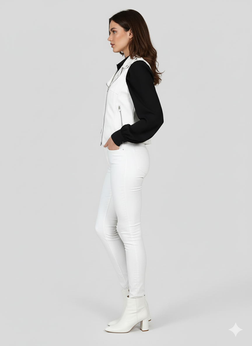 Women's white leather asymmetrical biker vest with silver hardware, notched lapels, and zippered pockets.