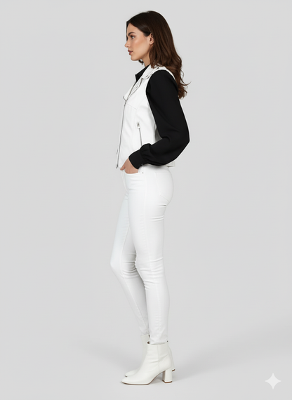 Women's white leather asymmetrical biker vest with silver hardware, notched lapels, and zippered pockets.