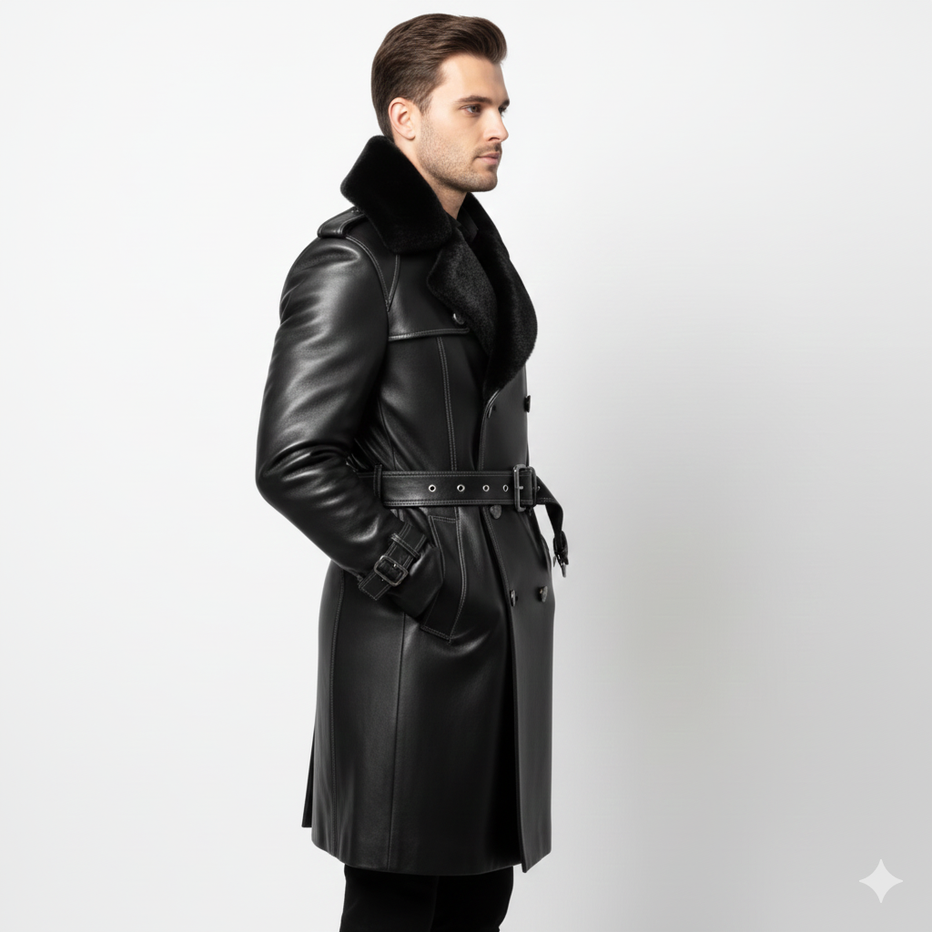 Male model wearing a luxury black shearling-lined leather trench coat over a black professional outfit.