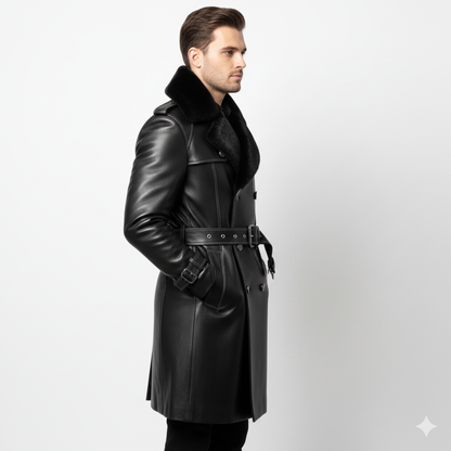 Male model wearing a luxury black shearling-lined leather trench coat over a black professional outfit.