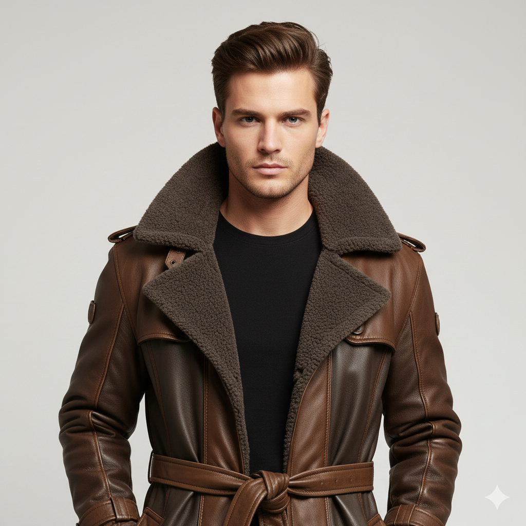 Longline multi-tonal brown leather winter coat for men featuring thick grey fur lapels and cuffs.